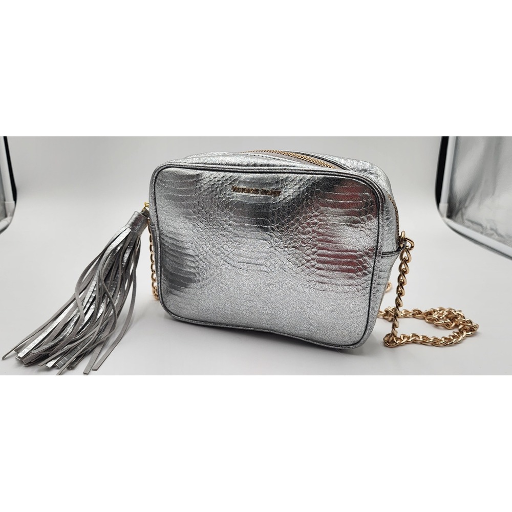 Victoria's Secret Crossbody Bag Womens Small Silver Excellent Snakeskin Tassel